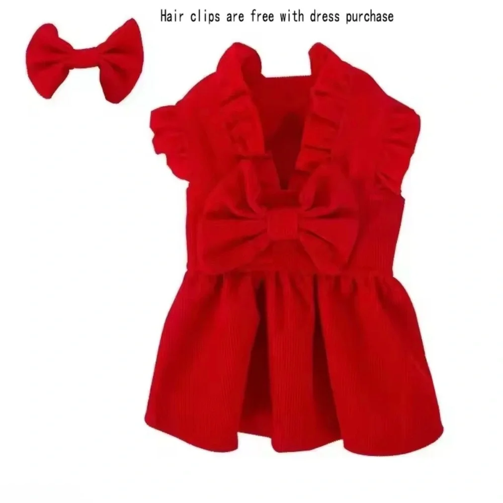 Red Velvet puppy dog Dress with Bow Christmas outfits - Picture 8 of 9